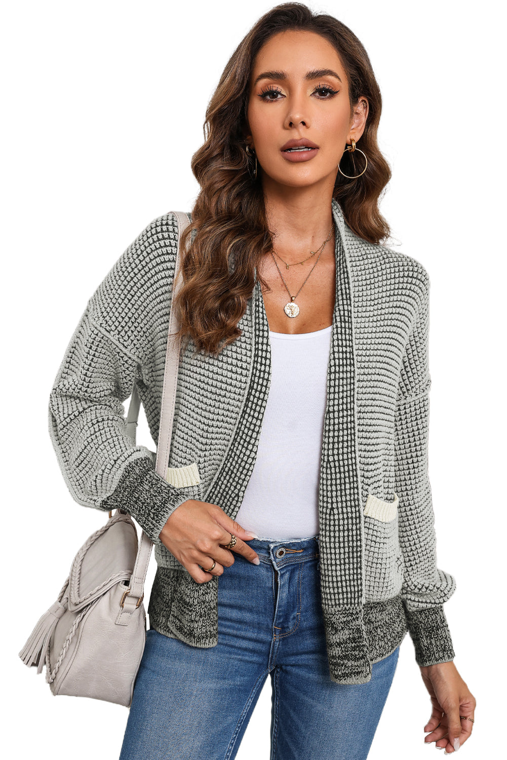 Apricot Chunky Knit Pockets Drop Sleeve Cardigan