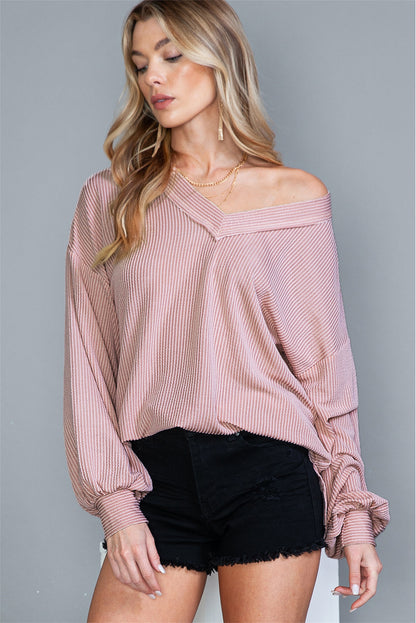 Pink V Neck Drop Shoulder Lantern Sleeve Ribbed Top