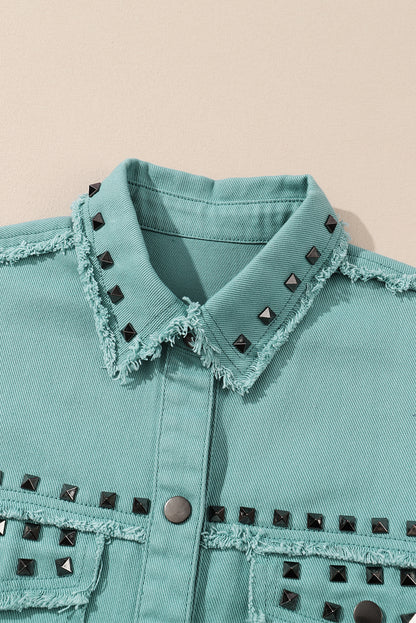 Green Frayed Trim Vintage Rivet Denim Jacket