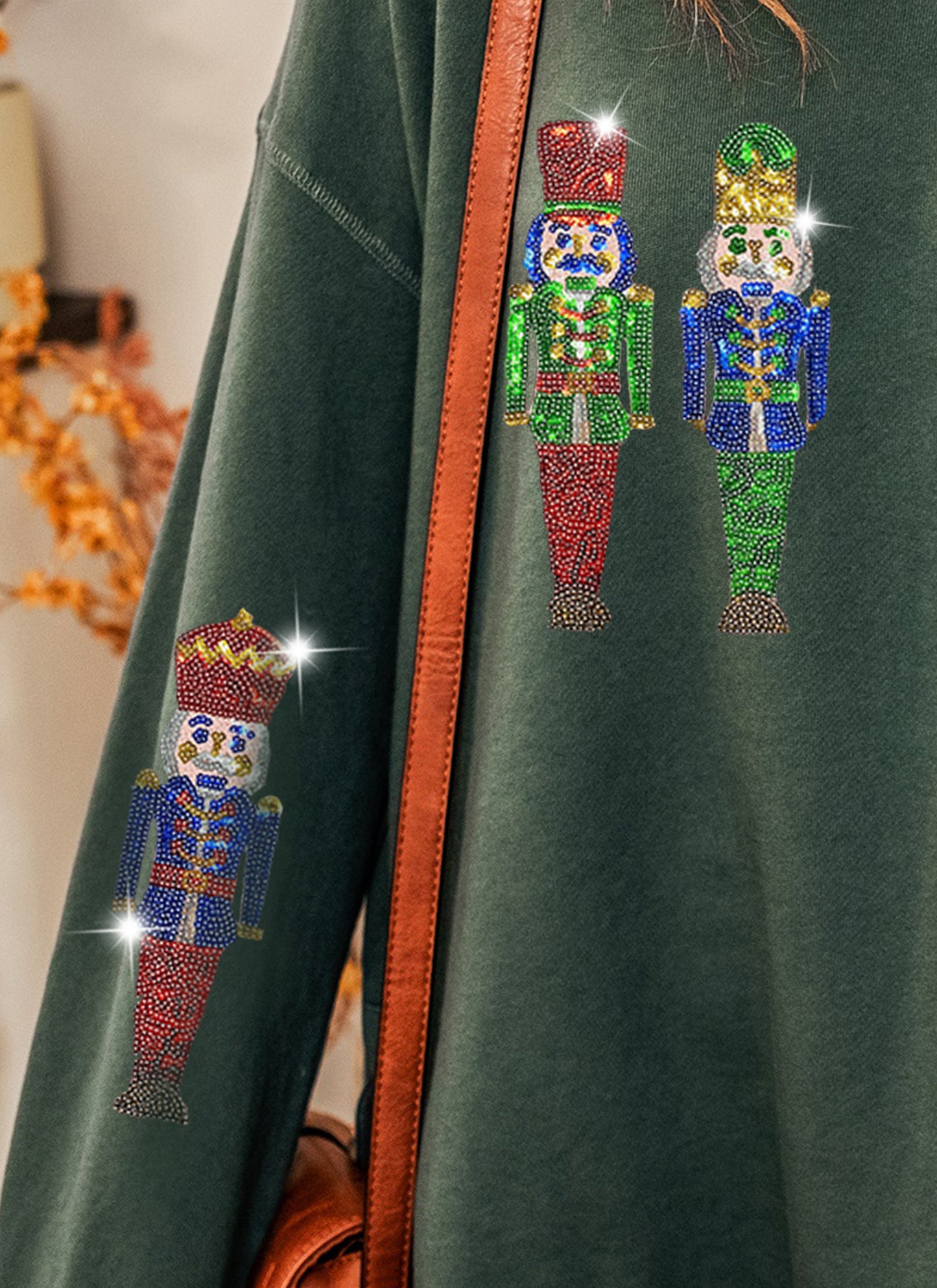 Duffel Green Sequined Figure Round Neck Graphic Sweatshirt