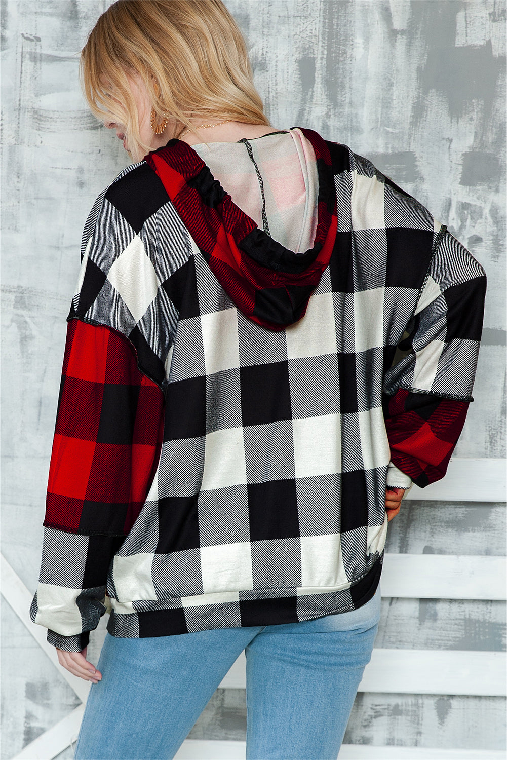 Multicolor Patchwork Buffalo Plaid Hooded Top