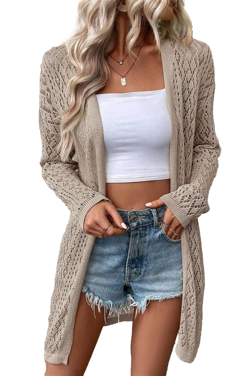 Smoke Gray Solid Color Pointelle Knit Open Front Cardigan