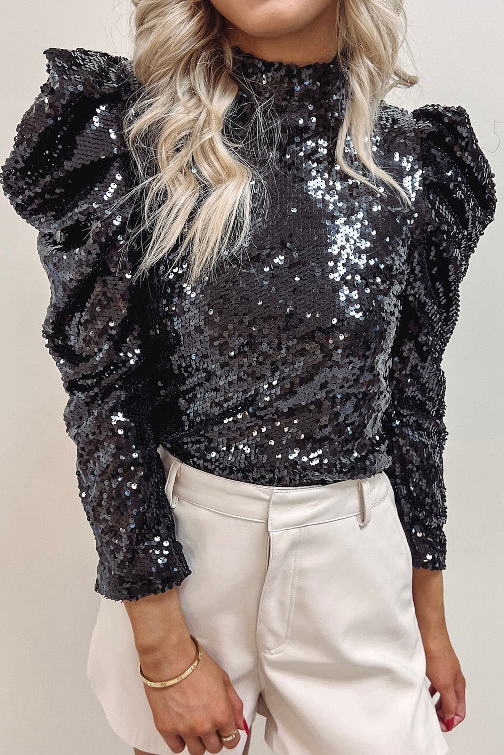 Apricot Sequin Mock Neck Ruched Puff Sleeve Top