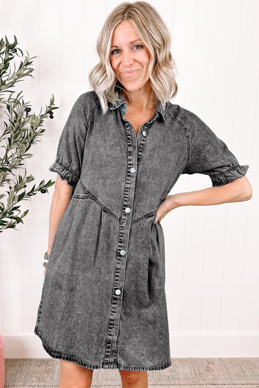 Medium Grey Mineral Washed Ruffled Short Sleeve Pocketed Denim Dress