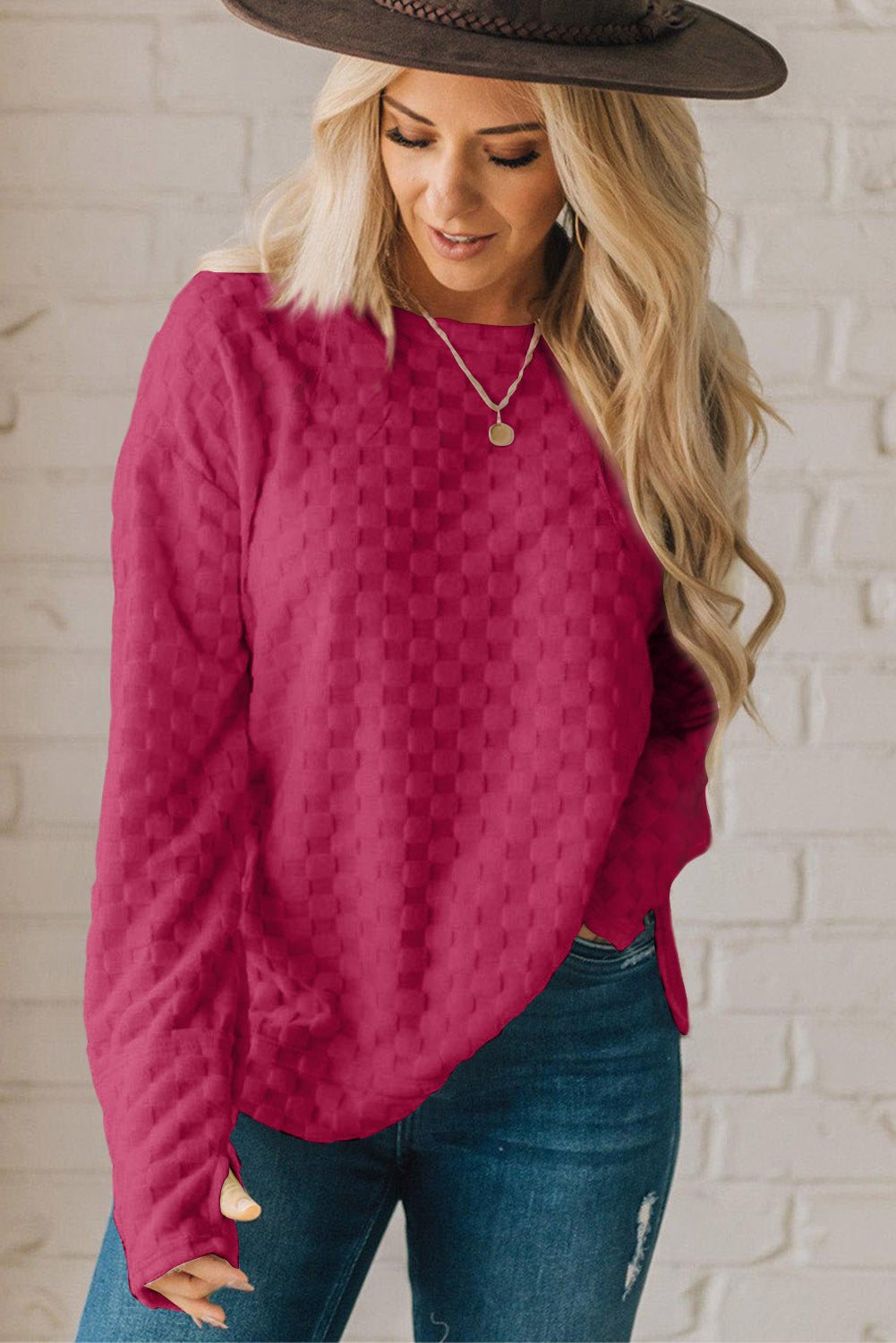 Rose Red Checkered Furry Thumbhole Long Sleeve Top