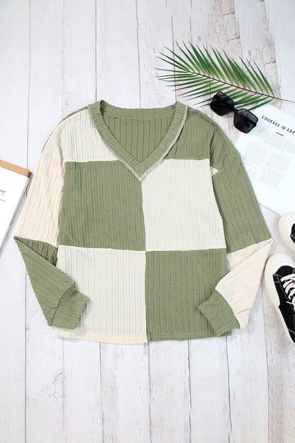 Green and Beige Color Block Textured V Neck Long Sleeve Top