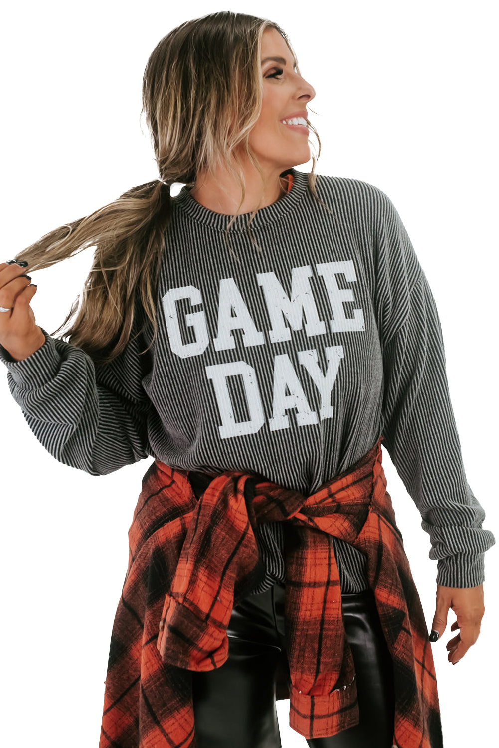 Dark Grey Corded GAME DAY Graphic Long Sleeve Top