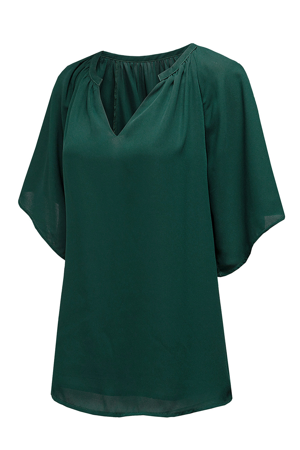 Green Casual Split Neck Pleated Loose Blouse