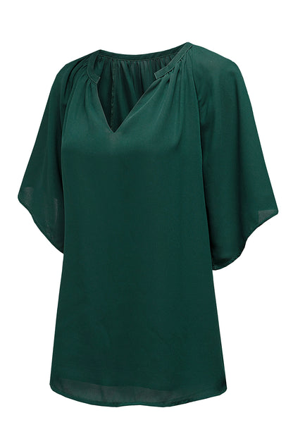 Green Casual Split Neck Pleated Loose Blouse