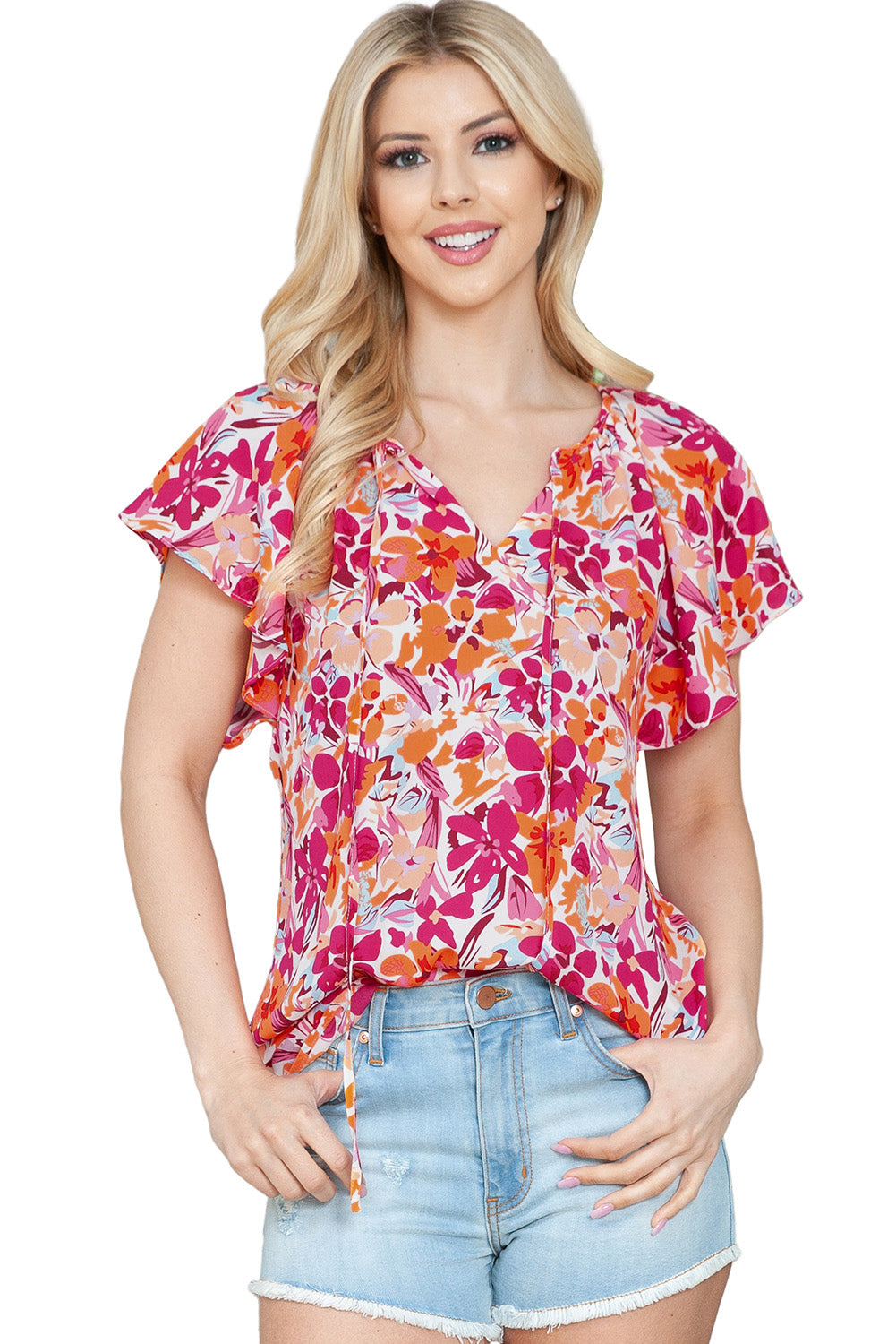 Red Floral Print Flutter Sleeves Short Sleeve Blouse