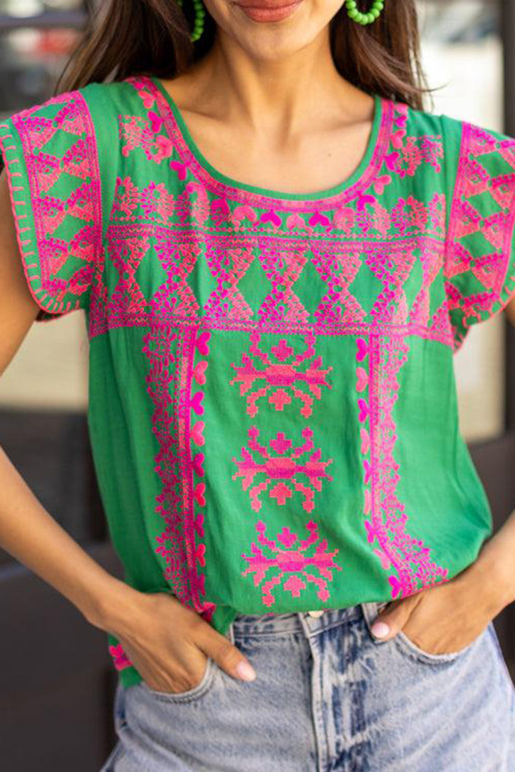 Rose Boho Abstract Print Split Cap Sleeve Top