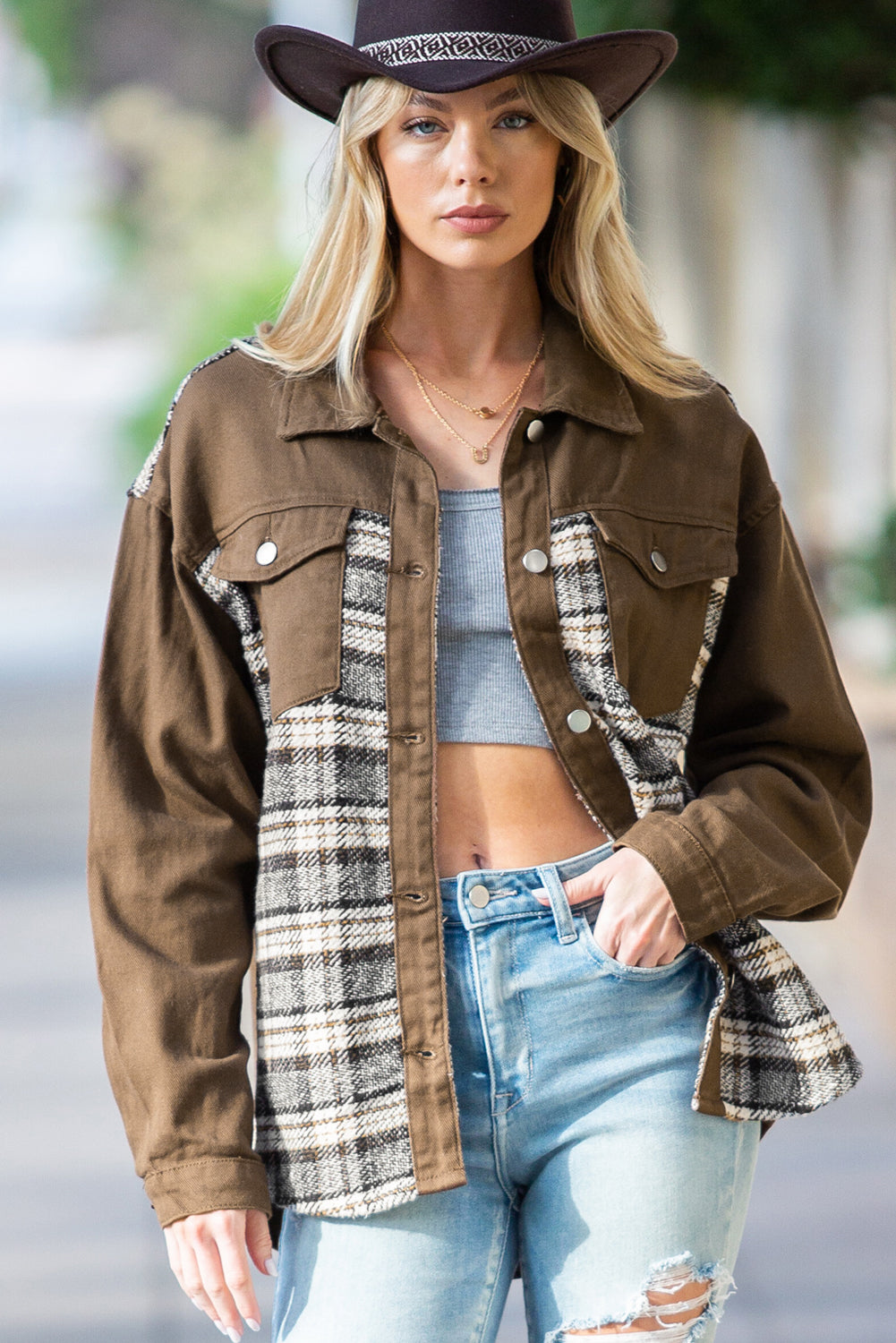 Brown Plaid Patchwork Pockets Denim Jacket