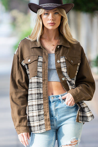 Brown Plaid Patchwork Pockets Denim Jacket