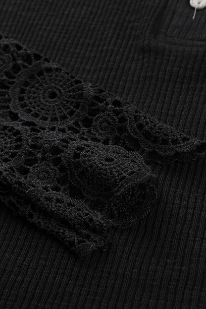 Black Ribbed Lace Crochet Long Sleeve Henley Shirt