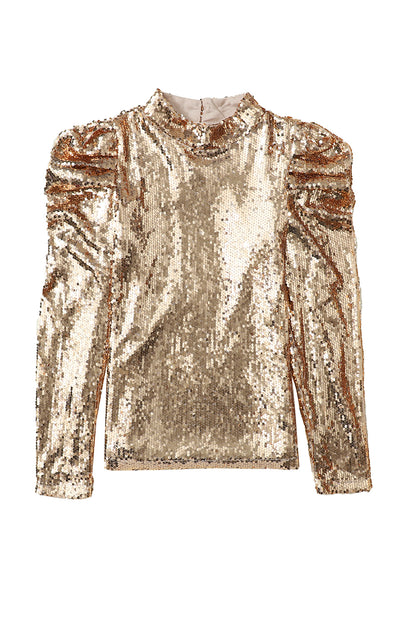 Apricot Sequin Mock Neck Ruched Puff Sleeve Top