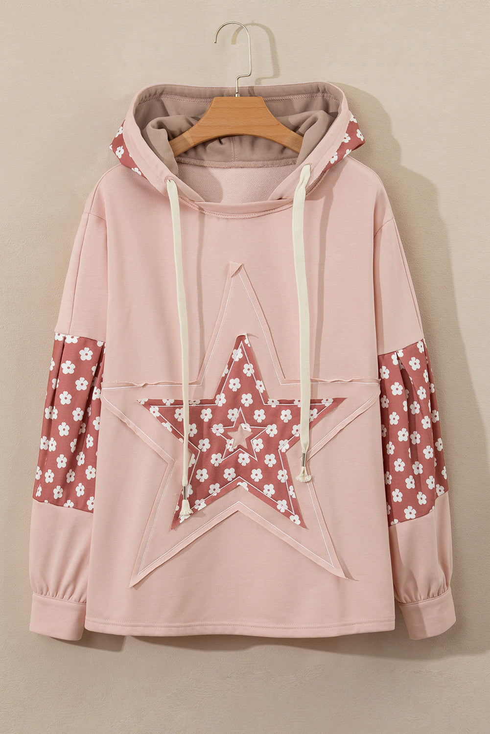 Apricot Floral Patchwork Star Pattern Drawstring Hoodie