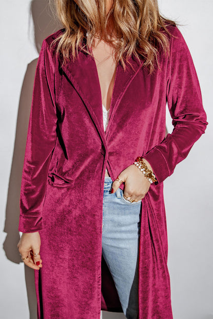 Red Casual Velvet Lapel Pocket Long Coat