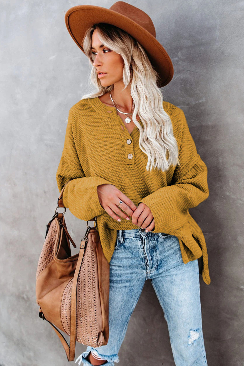 Yellow Drop Shoulder Henley Pullover Sweater With Slits