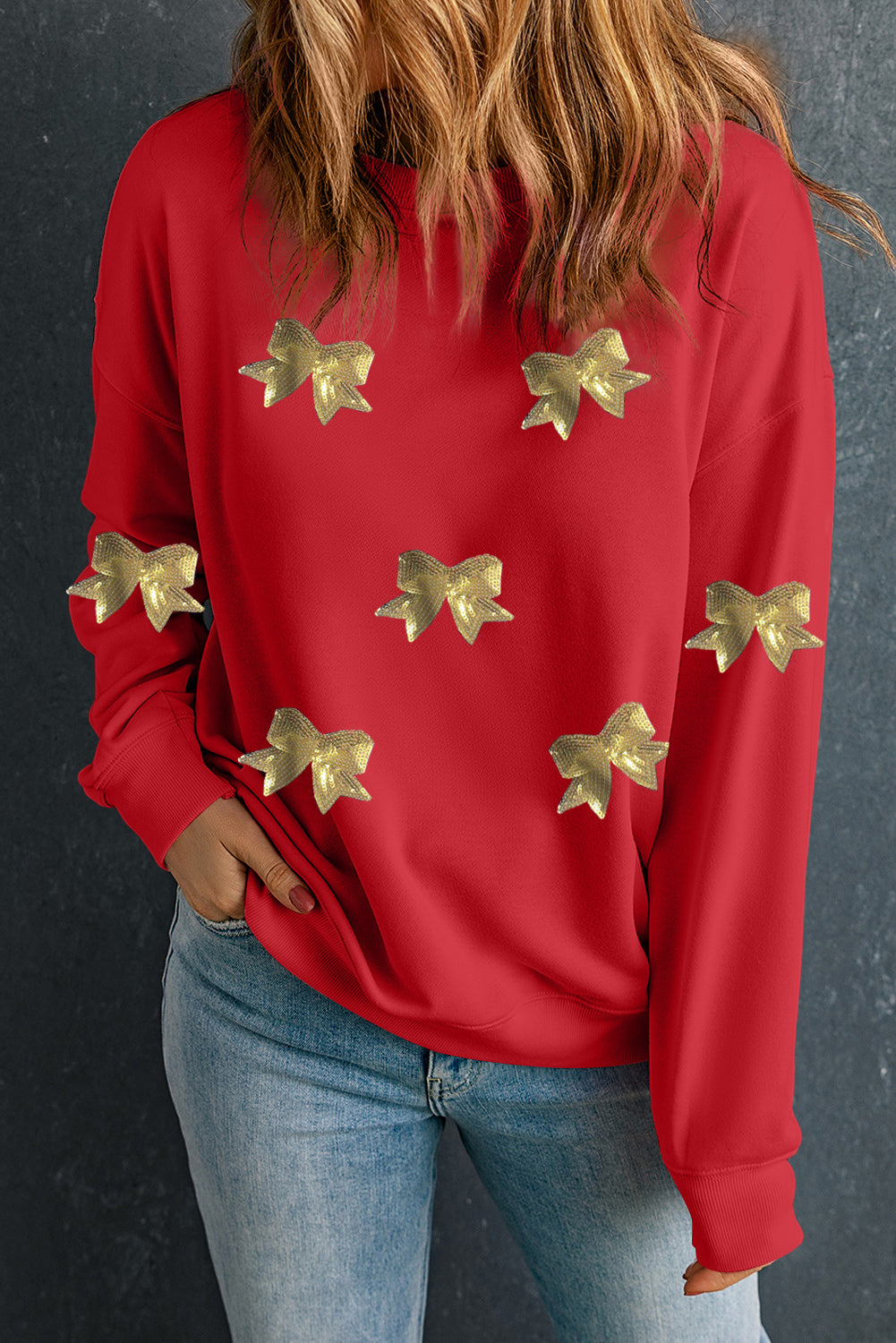 Red Bowknot Patched Pattern Crewneck Christmas Sweatshirt