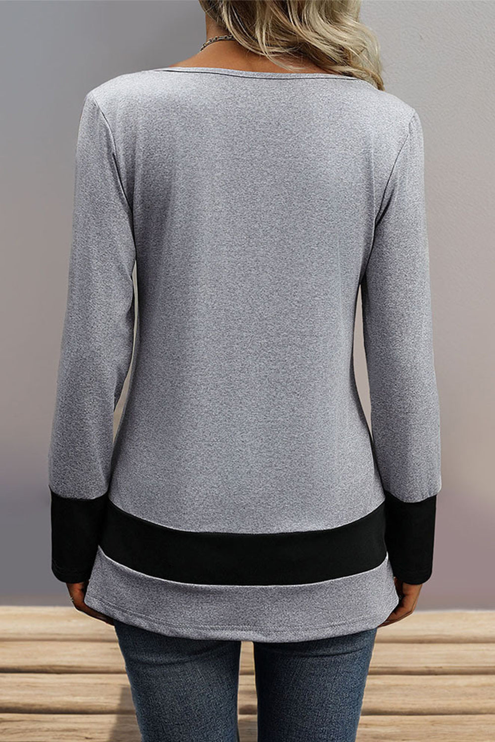 Gray Stripe Colorblock Button Long Sleeve Top