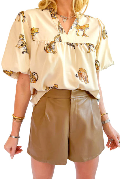 Apricot Animal Print V Neck Puff Sleeve Blouse