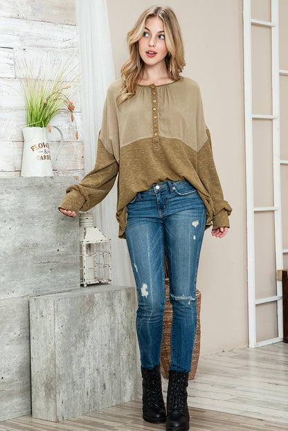 Khaki Ribbed Patchwork Bishop Sleeve Henley Top