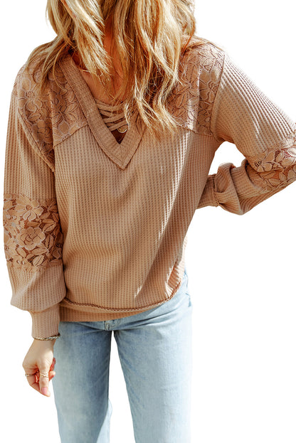 Pink Lace Waffle Knit Crisscross Straps V Neck Long Sleeve Top