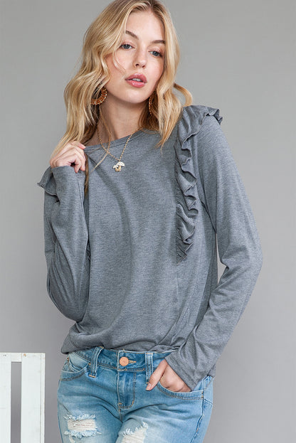 Dark Grey Solid Color Ruffle Long Sleeve Top