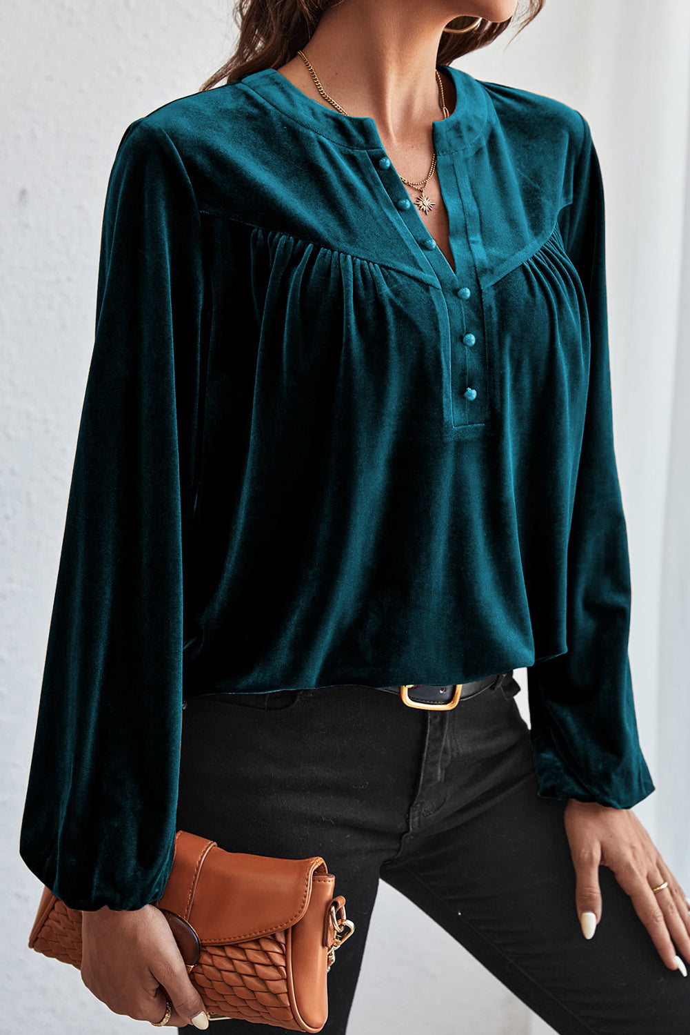 Skobeloff Velvet Henley Beaded Lantern Sleeve Top