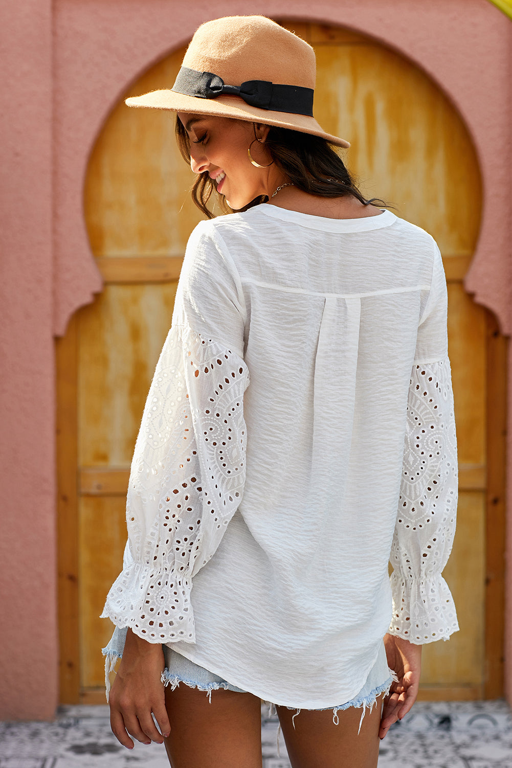 White Casual Eyelet Button Up Blouse for Women