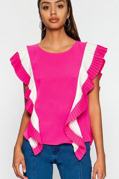 Bright Pink Pleated Ruffle Trim Colorblock Top