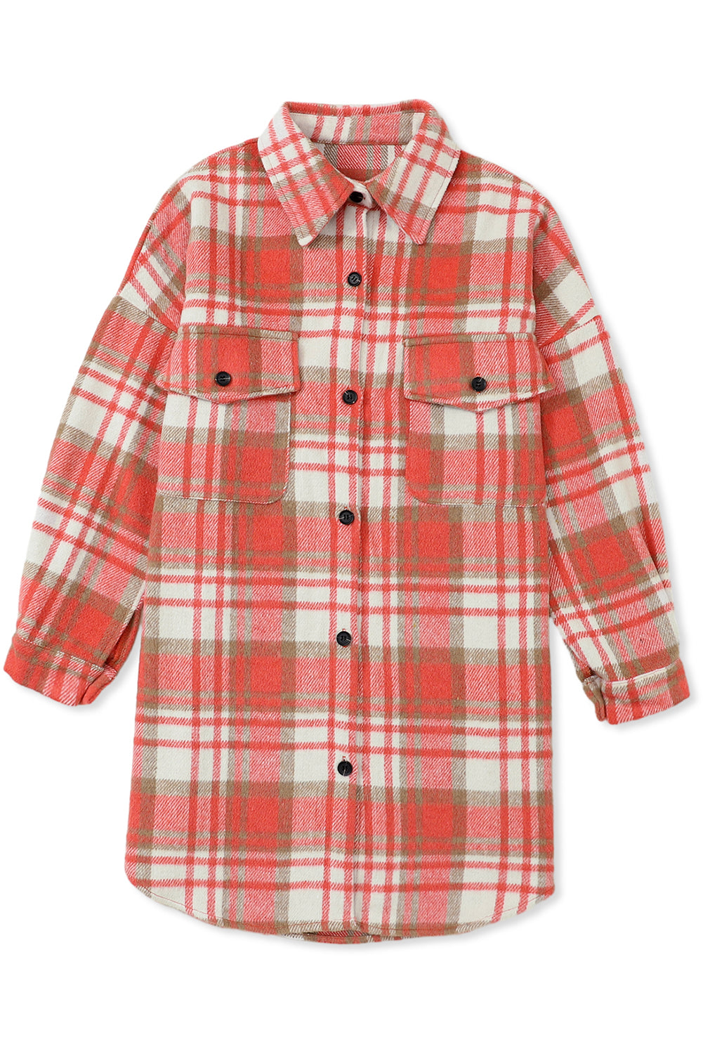 Red Plaid Flap Pocket Long Sleeve Oversized Shacket