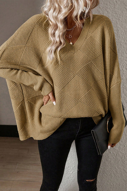 Camel Plain V Neck Batwing Sleeve Oversized Sweater