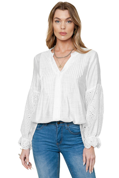 White Casual Eyelet Button Up Blouse for Women