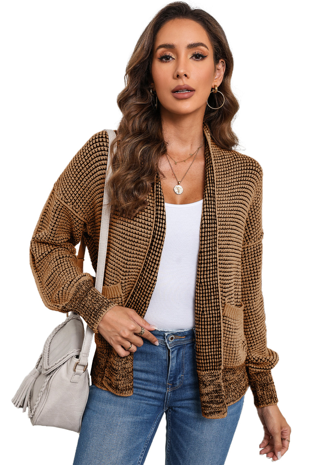 Apricot Chunky Knit Pockets Drop Sleeve Cardigan