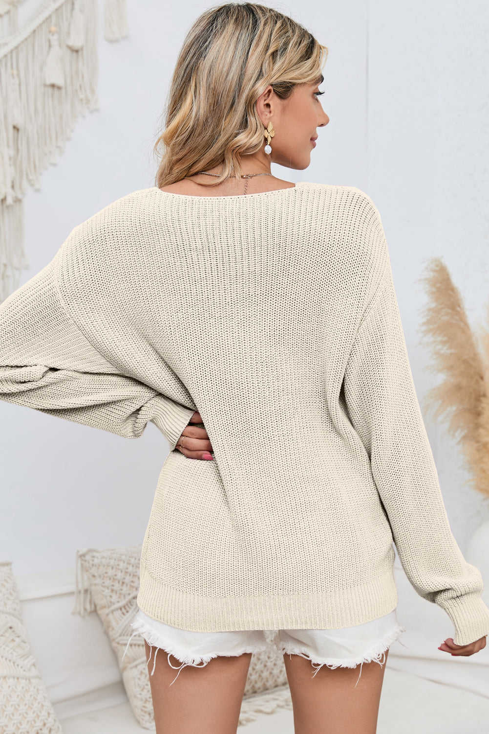 Beige Basic Ribbed Knit V Neck Sweater