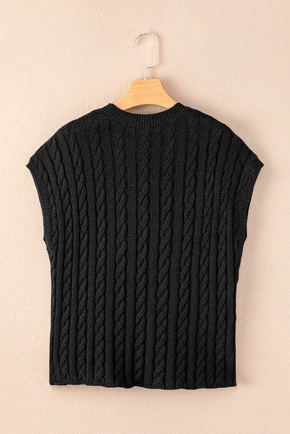 Gray Solid Cable Knit Short Sleeve Roun Neck Sweater