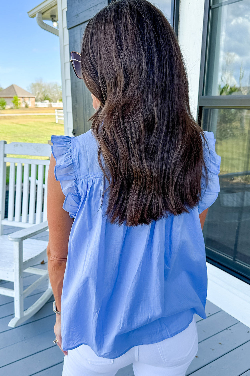 Sky Blue Ric Rac Trim Collared Pleated Ruffle Top