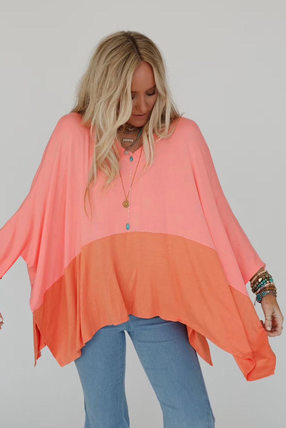 Grapefruit Orange Colorblock V Neck Slits Oversized Top