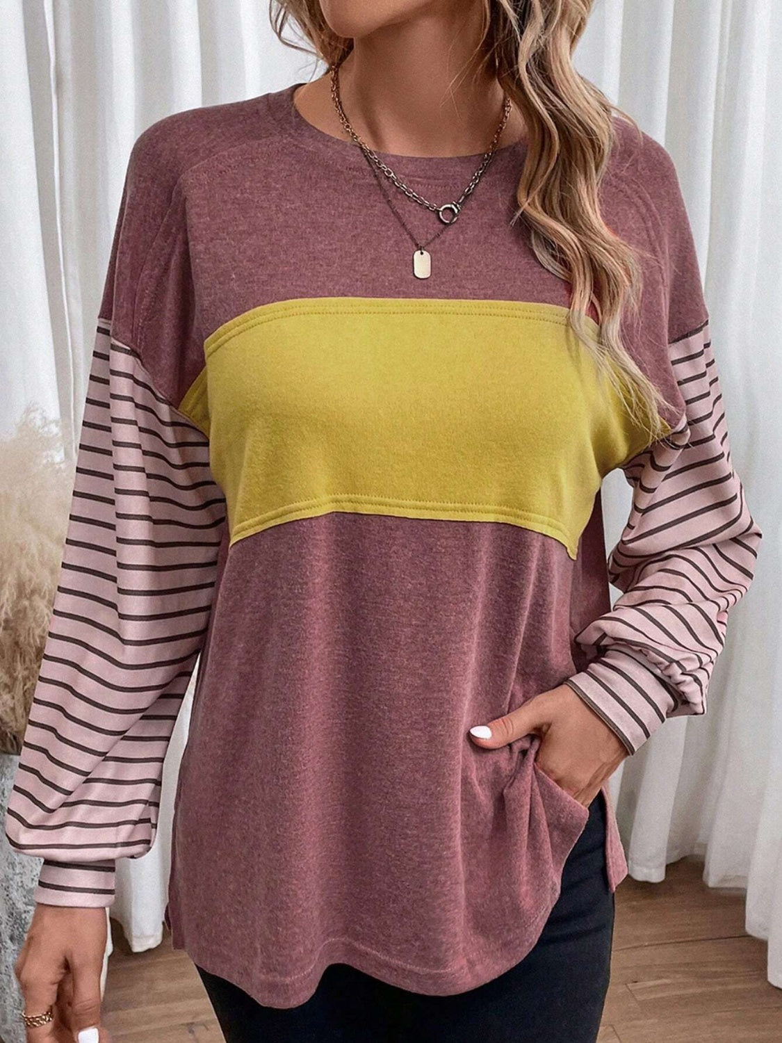 Round Neck Striped Long Sleeve Slit T Shirt