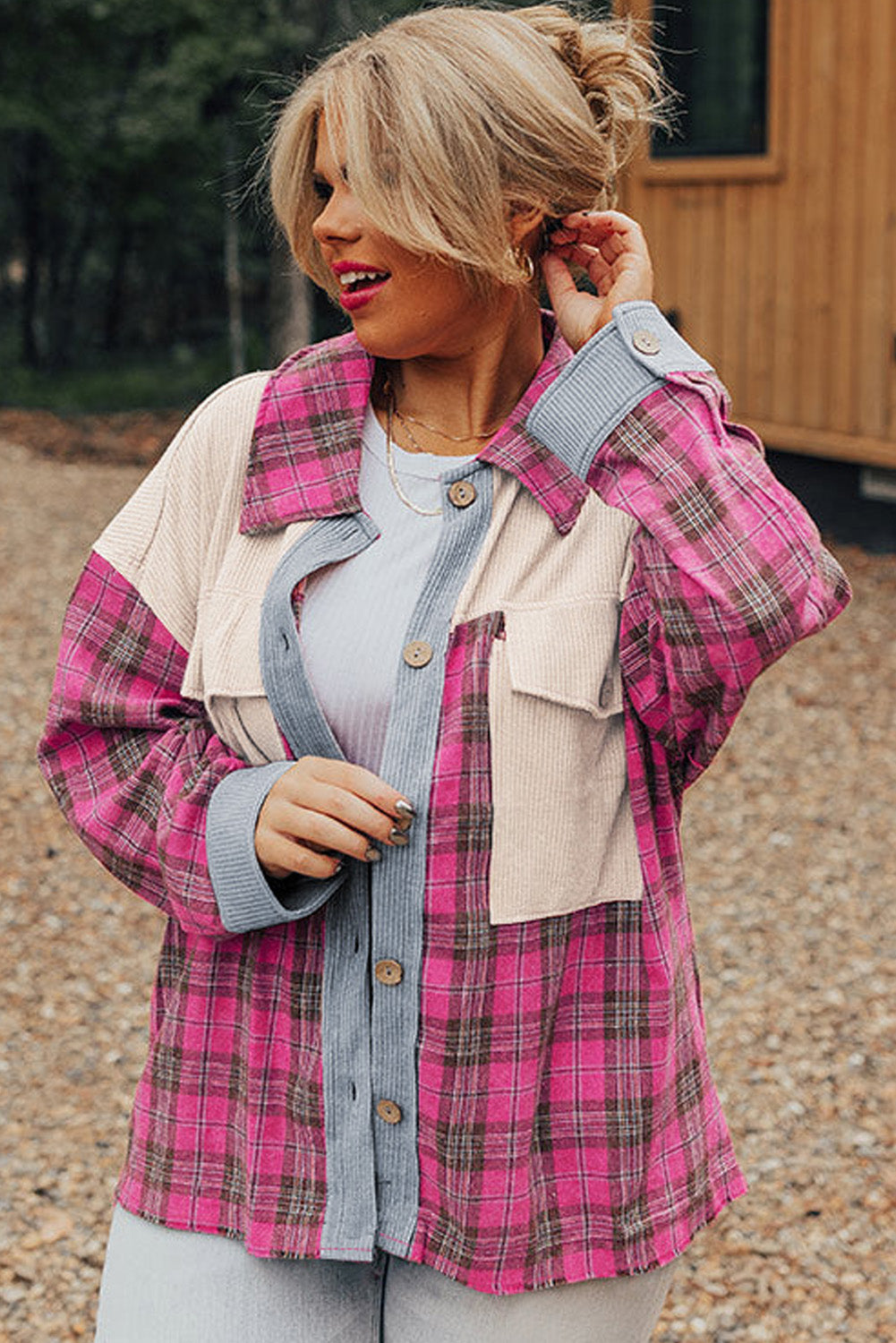 Red Plaid Print Patchwork Plus Size Shirt