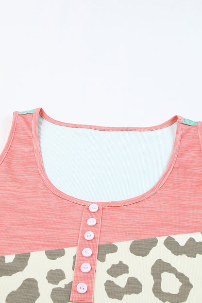 Leopard Color Block Button Casual Tank Top