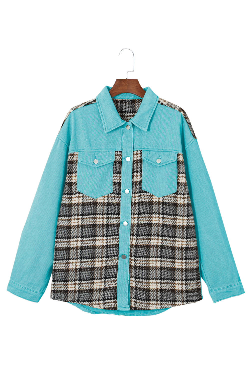 Brown Plaid Patchwork Pockets Denim Jacket