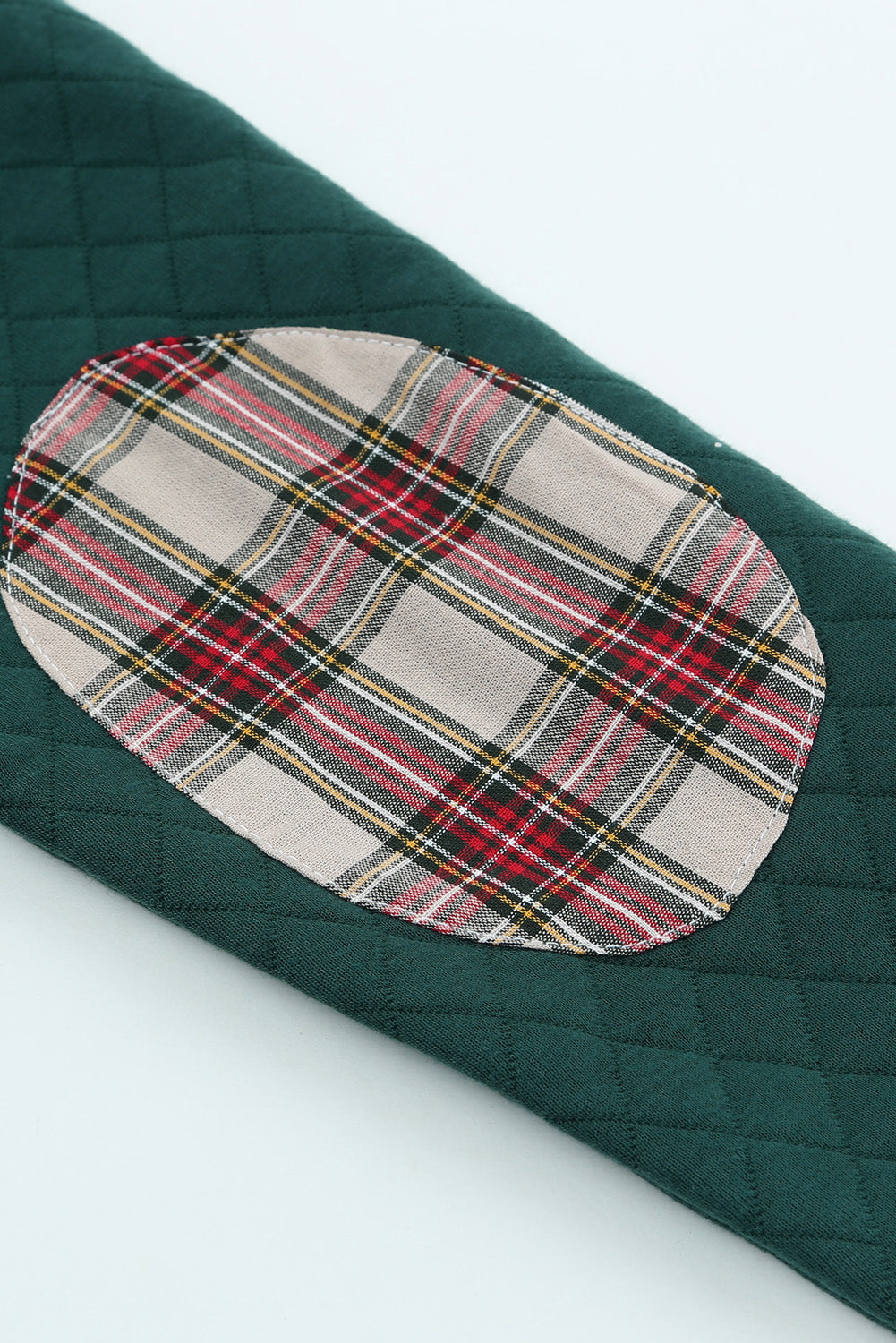 Green Plaid Geometric Texture Trim Buttons Neck Quilted Sweatshirt