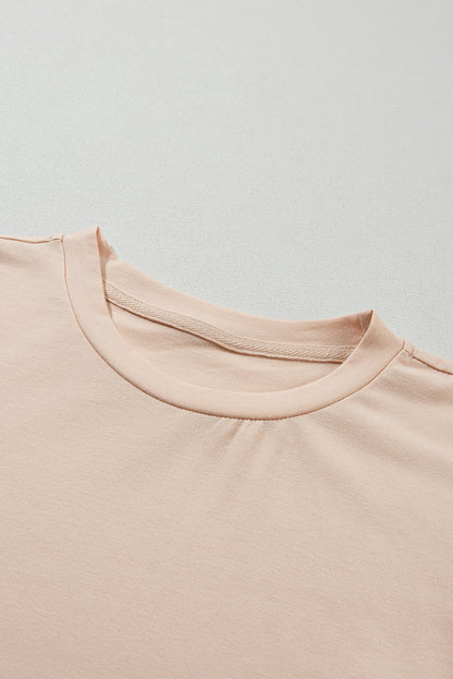 Rose Red Solid Color Crew Neck Roll Up Sleeve Tee