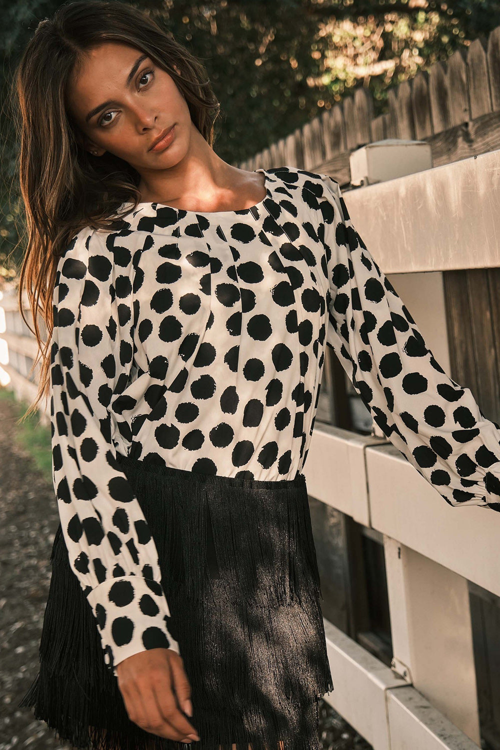 Black Polka Dot Print Buttoned Sleeve Pleat Blouse