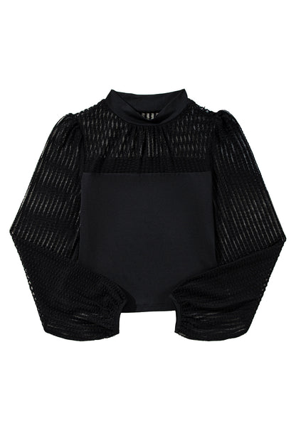 Black Stand Collar Striped Mesh Lantern Sleeve Top