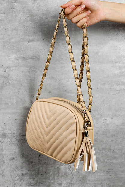 Oatmeal Chevron Stitch PU Leather Chain Strap Shoulder Bag