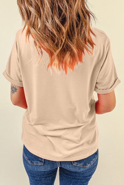 Rose Red Solid Color Crew Neck Roll Up Sleeve Tee