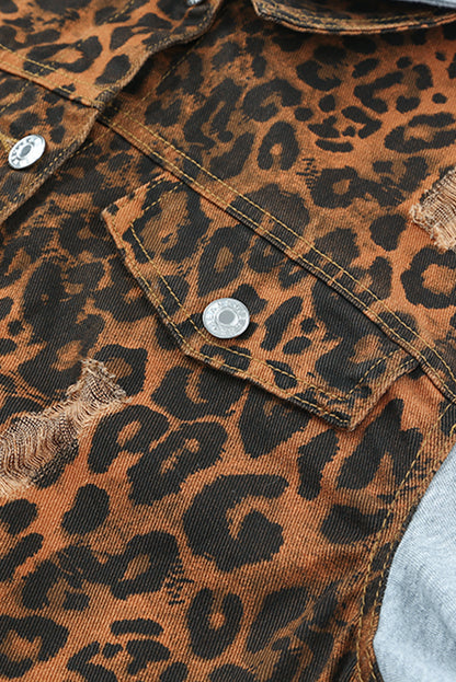 Cheetah Patchwork Ripped Raw Hem Jacket